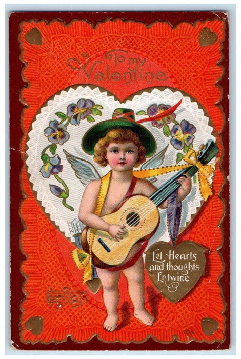 c1910's Valentine Angel Playing Guitar Heart Pansies Flowers Embossed Postcard