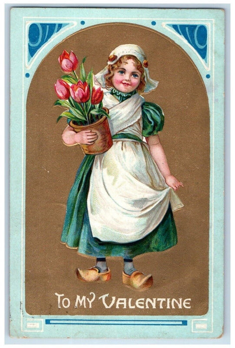 1910 Valentine Dutch Girl Dress Maid Pink Flowers Embossed Antique Postcard