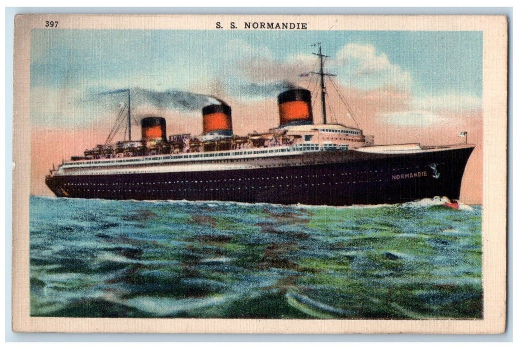 c1940 SS Normandie Engines Turbo Electric Quadruple Steamship Steamer Postcard