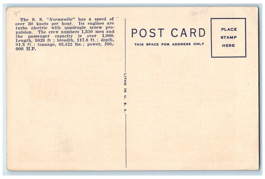 c1940 SS Normandie Engines Turbo Electric Quadruple Steamship Steamer Postcard