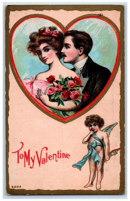 c1910's Valentine Couple Romance Flowers Angel Bow Arrow Winsch Back Postcard