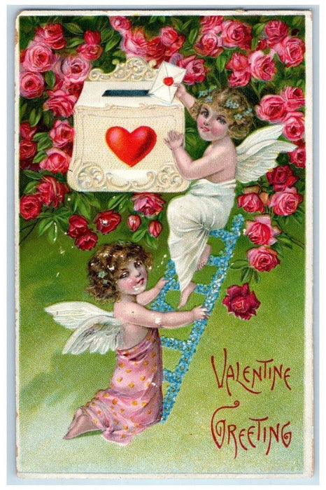 c1910's Valentine Greeting Angel Cherubs Letter Ladder Flowers Embossed Postcard