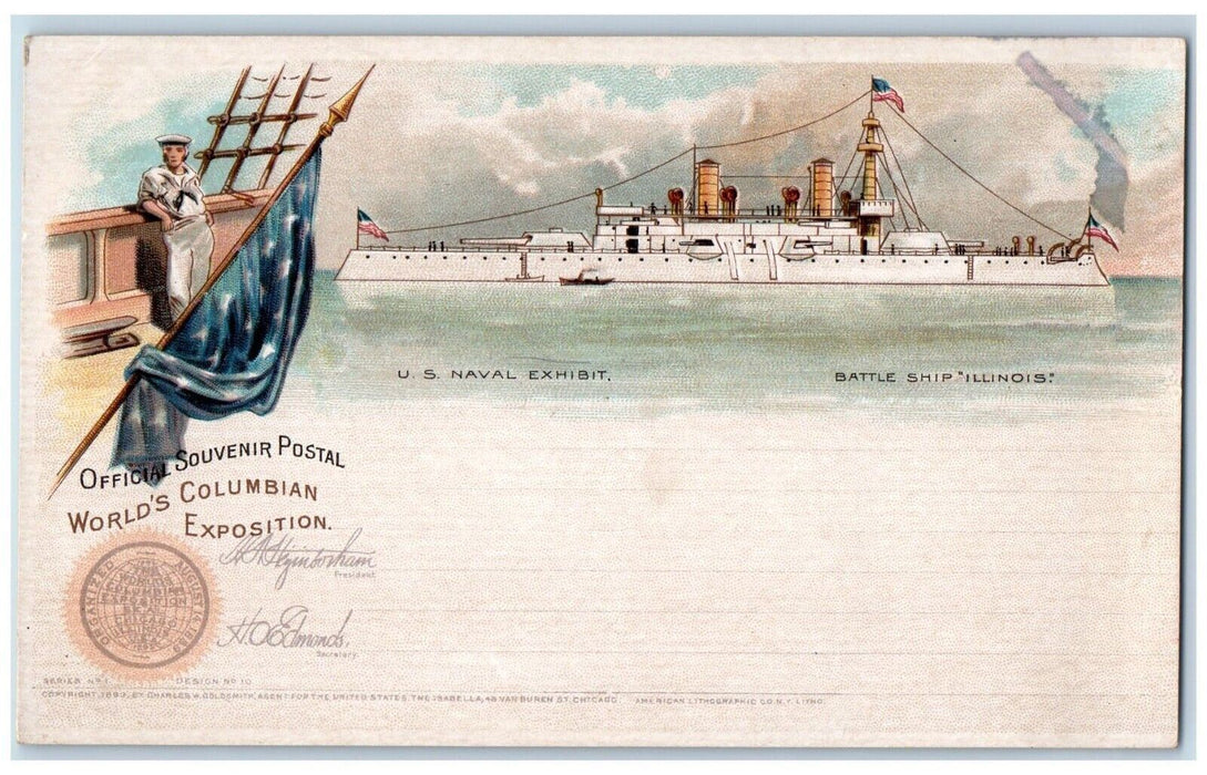 1893 Official Souvenir Postal Worlds Columbian Exposition Naval Exhibit Postcard