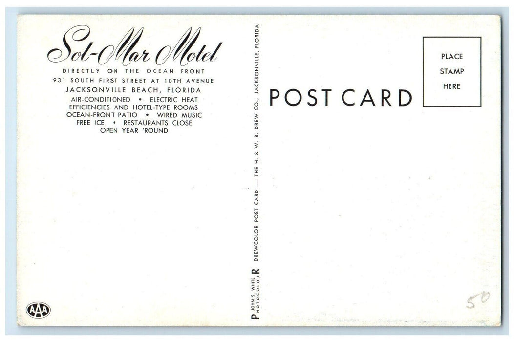 c1950's Sol-Mar Motel AAA Palm Trees Jacksonville Beach Florida FL Postcard