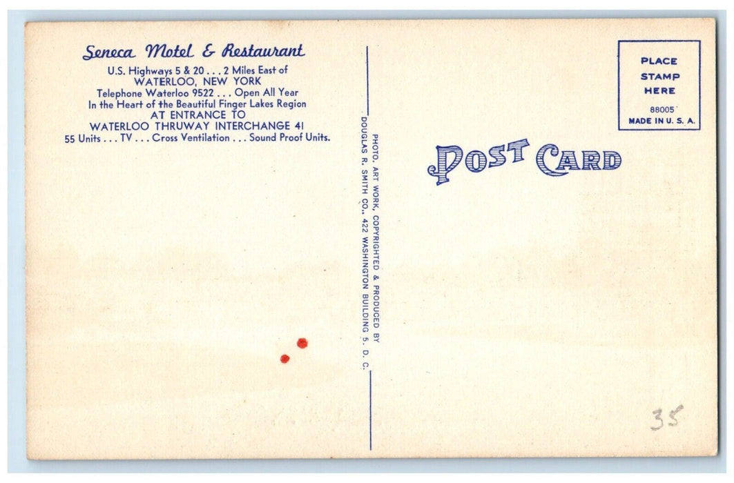 c1950's Seneca Motel Restaurant AAA Waterloo New York NY Unposted Postcard