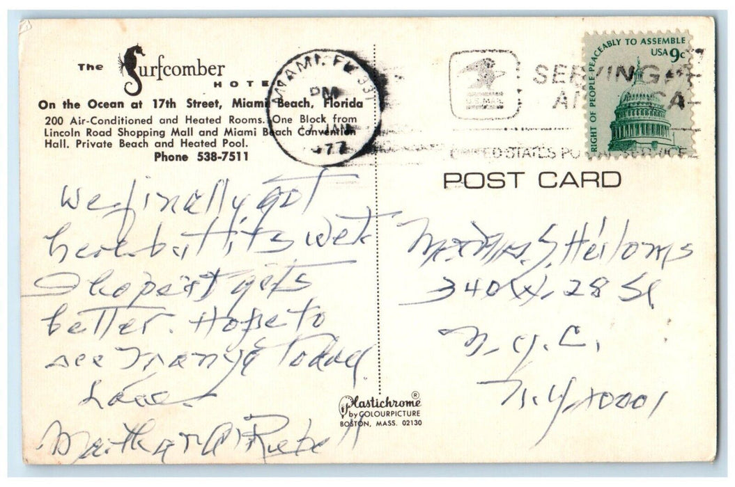 1977 Surfcomber Hotel Swiming Pool Miami Beach Florida FL Posted Postcard