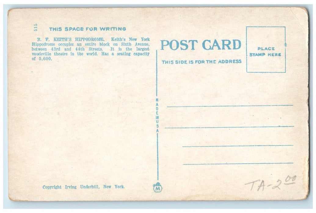 c1920's B. F. Keith's Hippodrome Train Horse New York City NY Unposted Postcard