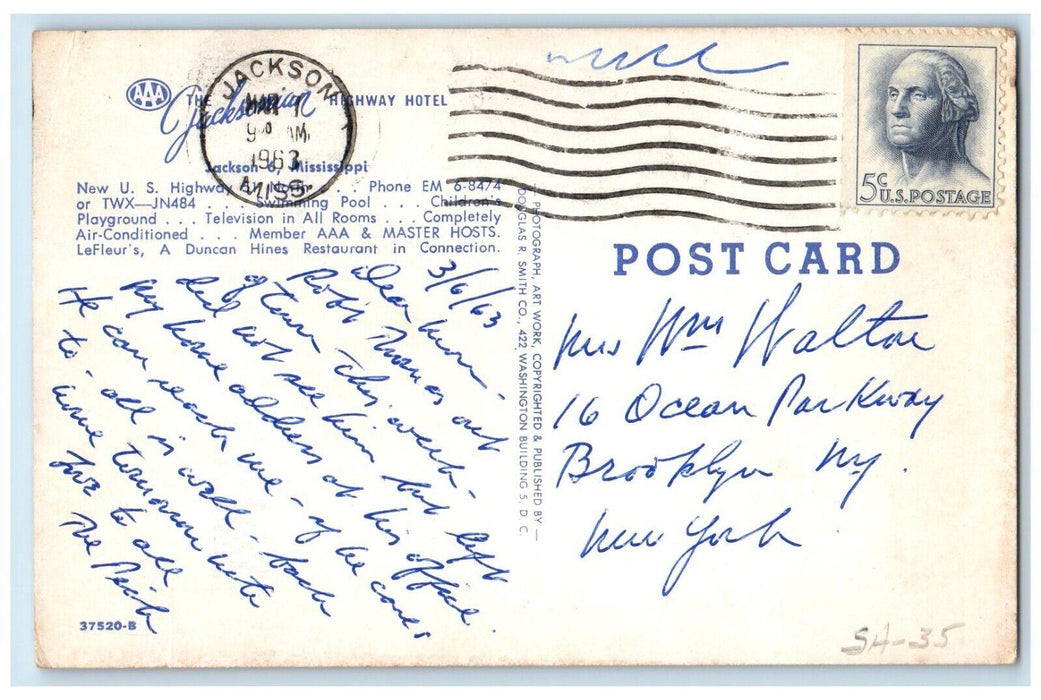 1963 Jacksonian Highway Hotel AAA Jackson Mississippi MS Posted Postcard
