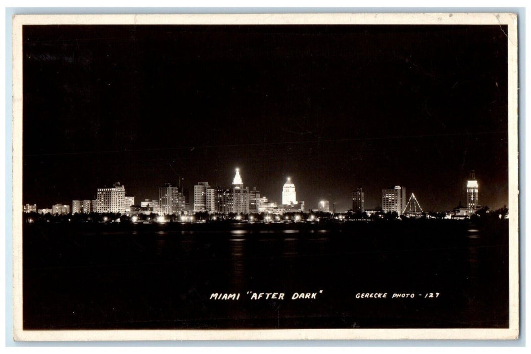 1938 Miami After Dark Cityscape View Florida FL RPPC Posted Photo Postcard