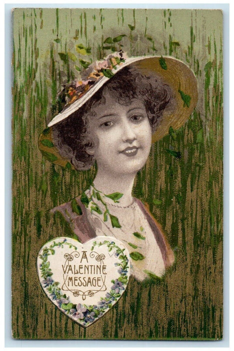 c1910's Valentine Message Pretty Girl Big Hat Heart Pansies Winsch Back Postcard