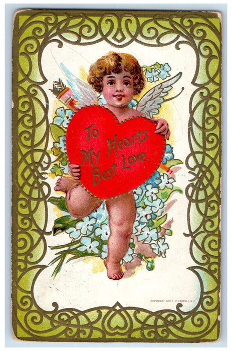 1912 Valentine Cupid Angel Big Heart Pansies Flowers New London CT Postcard