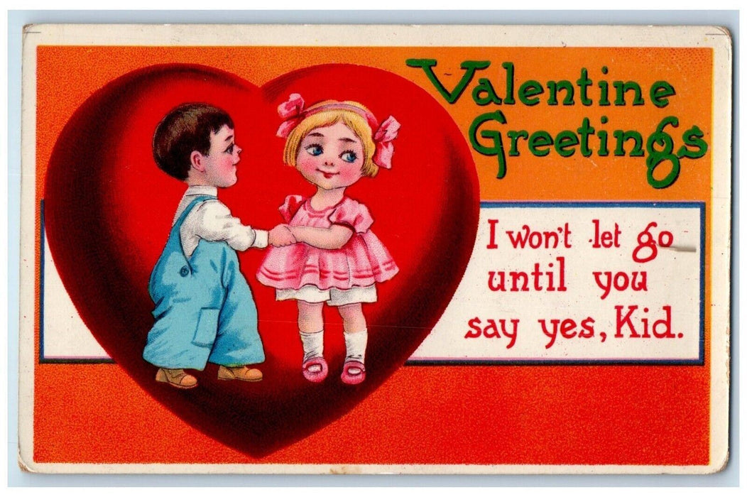 c1910's Valentine Greetings Big Heart Childrens Holding Hands Antique Postcard