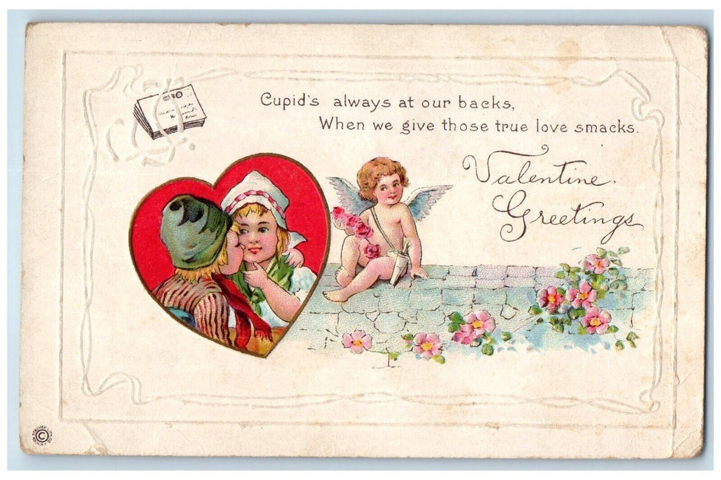 c1910's Valentine Greetings Sweet Dutch Couple Cupid Angel Flowers Postcard