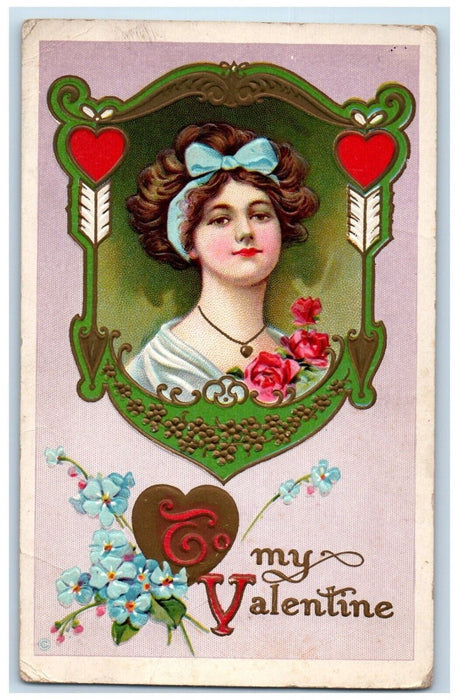 c1910's Valentine Pretty Girl Curly Hair Hearts Roses Pansies Flowers Postcard