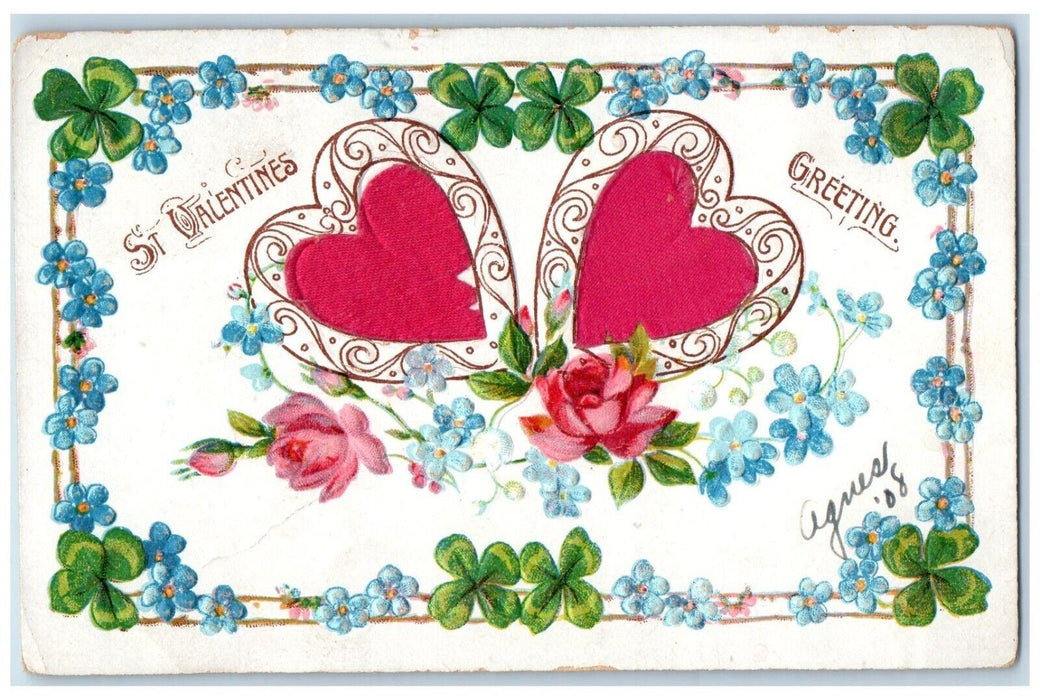 1908 Valentine Greetings Flowers And Shamrocks Pansies Flowers Embossed Postcard