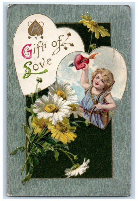 1909 Valentine Cupid Angel Hearts Gift Of Love Flowers Winsch Back Postcard