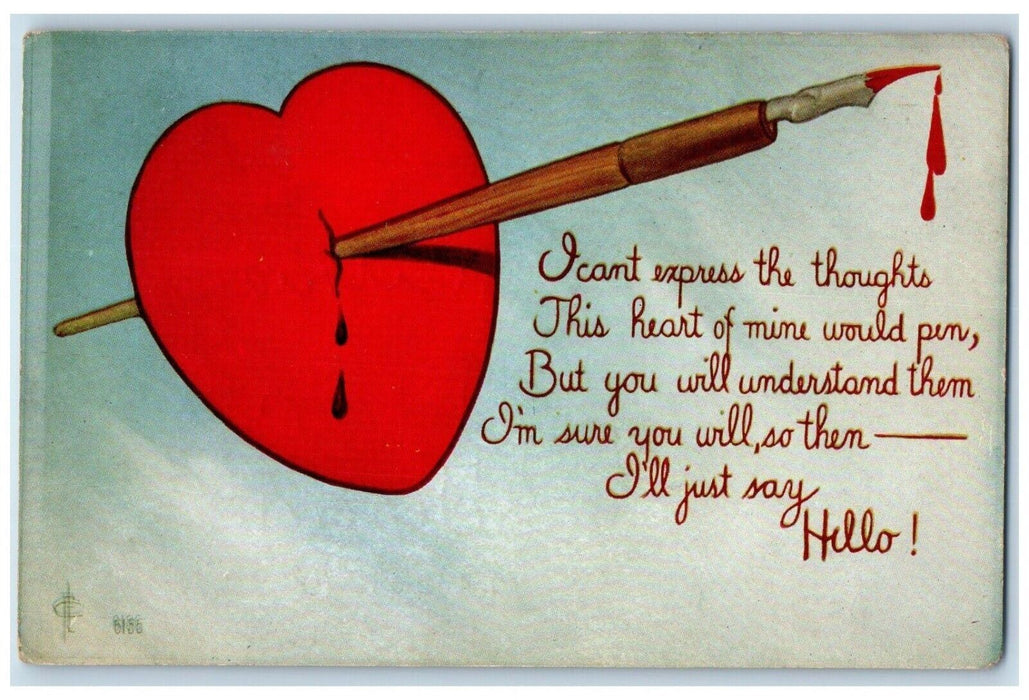 c1910's Valentine Message Qoutes Big Heart Pen Posted Antique Postcard