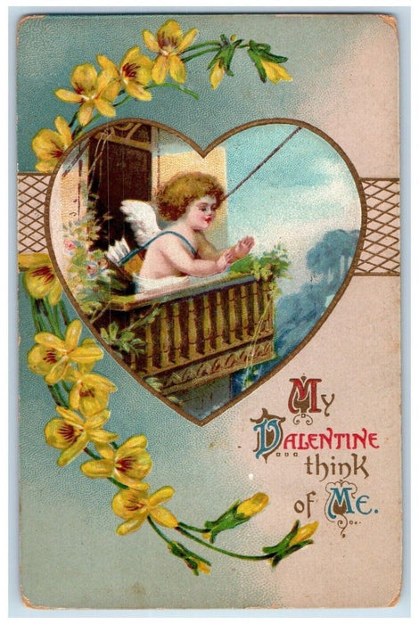 1912 Valentine Heart Angel Arrow Yellow Flowers Saint Johnsbury VT Postcard