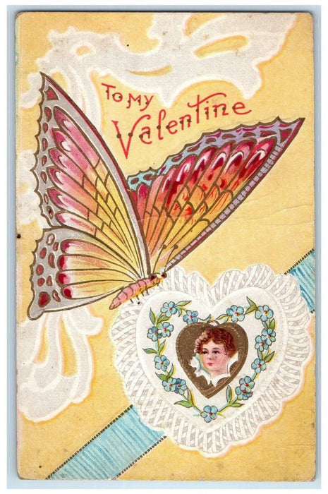 c1910's Valentine Exaggerated Butterfly Heart Boy Head Pansies Flowers Postcard