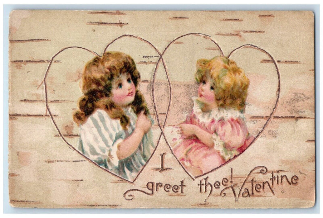 c1910's Valentine Two Cute Littke Girls Curly Hair Embossed Winsch Back Postcard