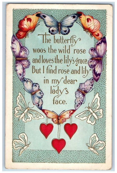 c1910's Valentine Qoutes Butterflies Hearts Embossed Posted Antique Postcard