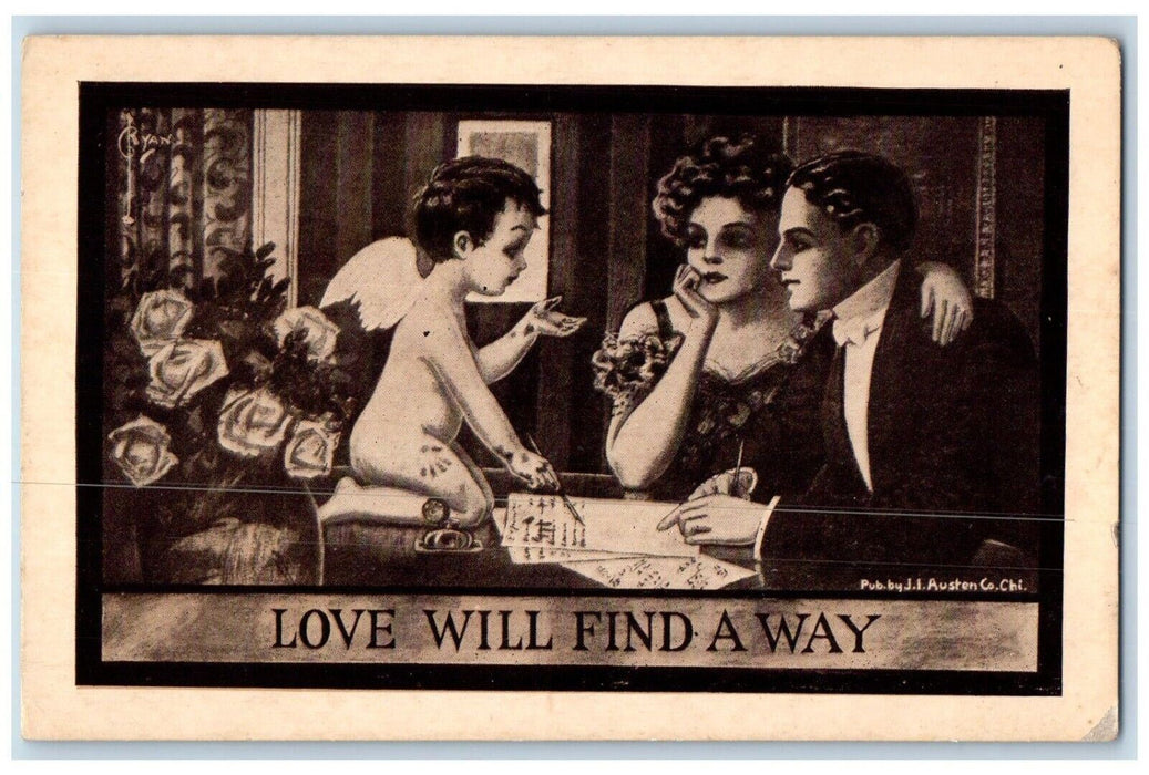 c1910's Valentine Couple Angel Writing Love Will Find Away Flowers Postcard