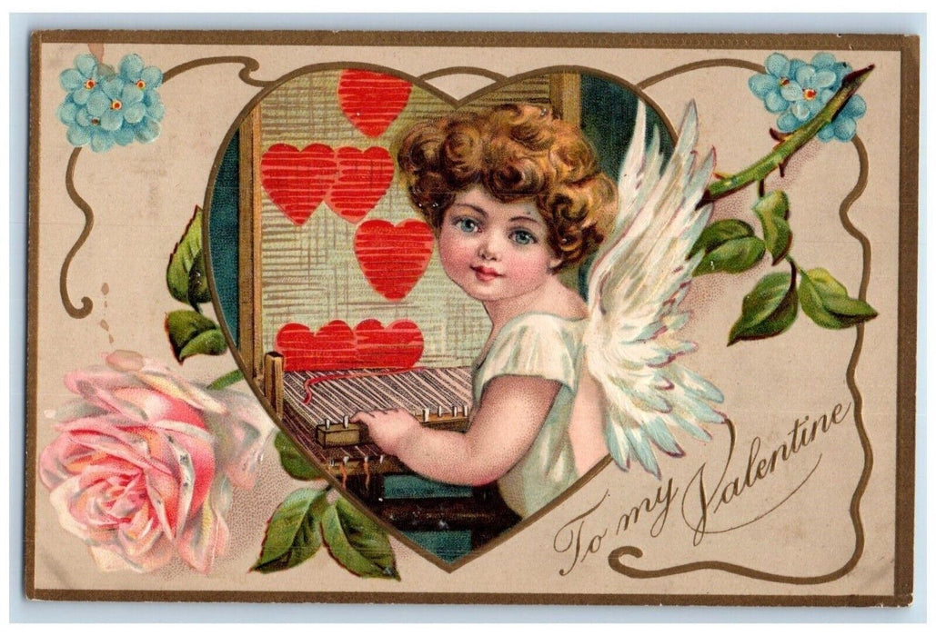 1911 Valentine Angel Playing Organ Rose Pansies Flowers Embossed Posted Postcard