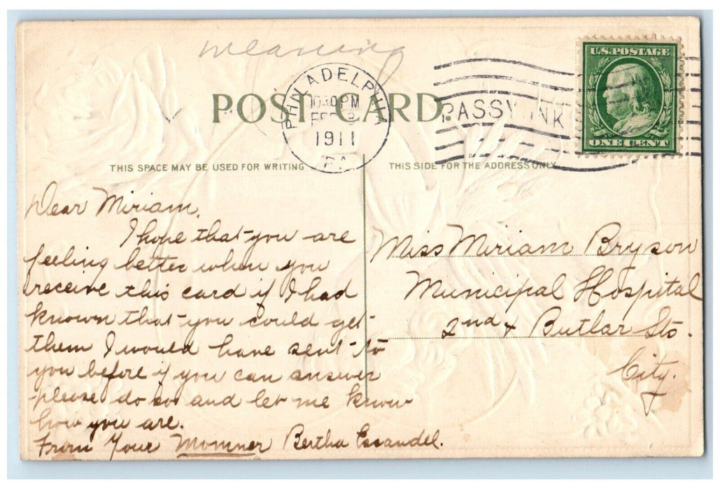 1911 Valentine Angel Playing Organ Rose Pansies Flowers Embossed Posted Postcard