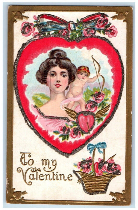 c1910's Valentine Big Heart Pretty Girl Angel Cupid Flowers Basket Postcard