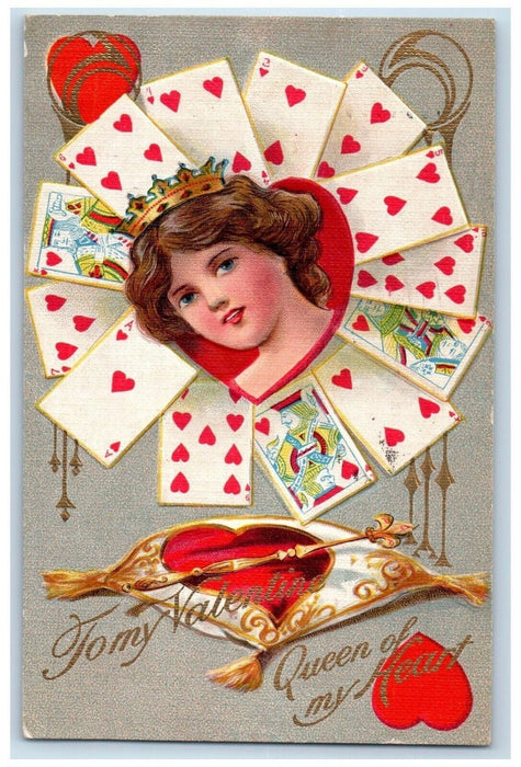 1911 Valentine Prety Girl Cards Gambling Queen Of Heart Embossed Posted Postcard