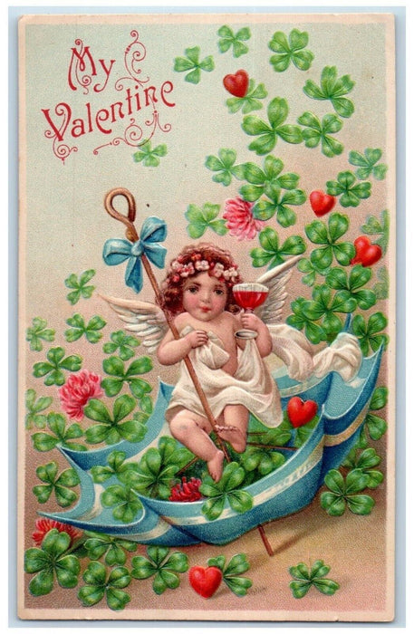 c1910's Valentine Angel Drinking Wine Umbrella Hearts Flower Shamrocks Postcard