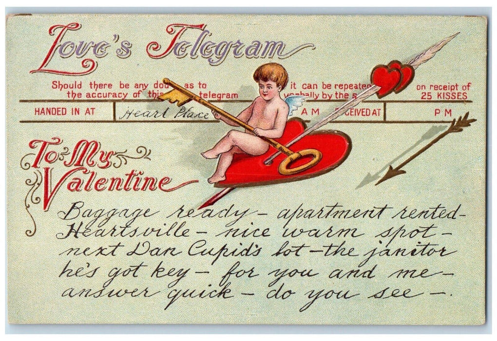 c1910's Valentine Love's Telegram Cupid Angel Arrow Key Winsch Back Postcard