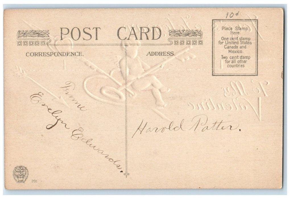 c1910's Valentine Love's Telegram Cupid Angel Arrow Key Winsch Back Postcard