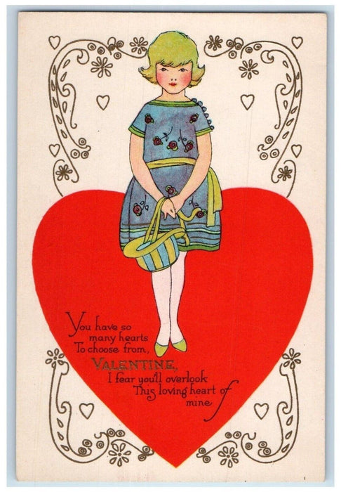 c1910's Valentine Pretty Girl Standing In Big Heart Flowers Embossed Postcard