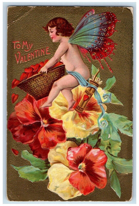 1910 Valentine Angel Butterfly Wings Basket Oh Hearts Flowers Embossed Postcard