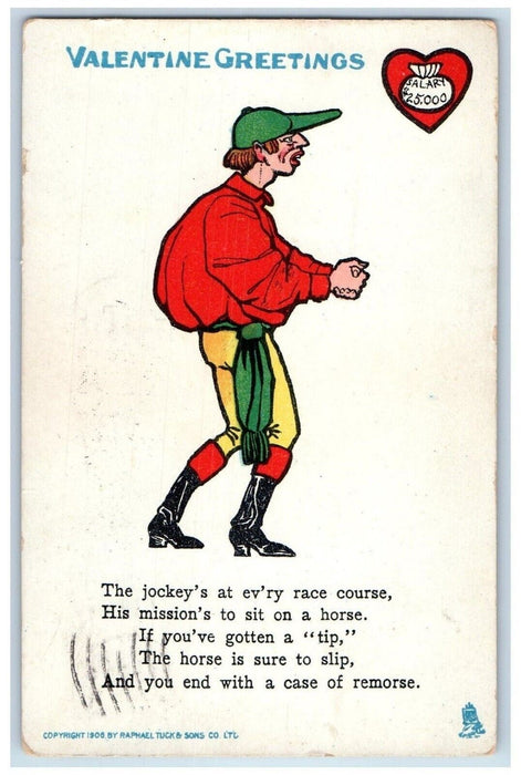 1911 Valentine Greetings Jockey's Heart Sack Of Coins Tuck's Adrian MI Postcard