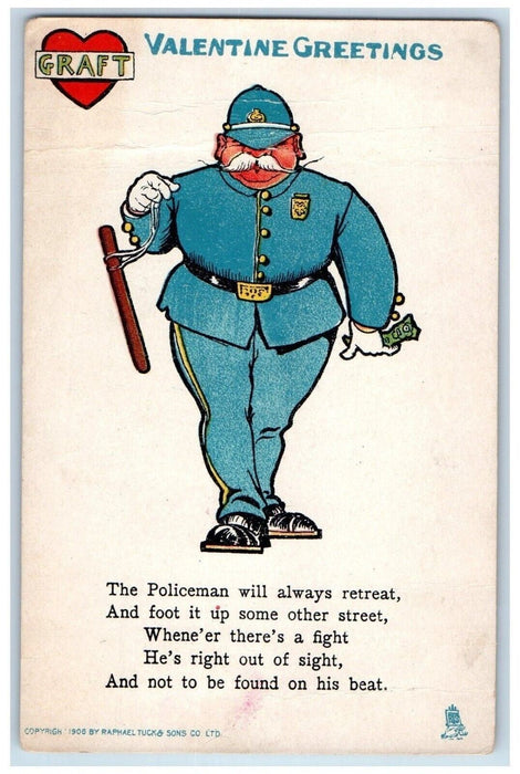 c1910's Valentine Greetings Policeman Retreat Heart Graft Tuck's Postcard