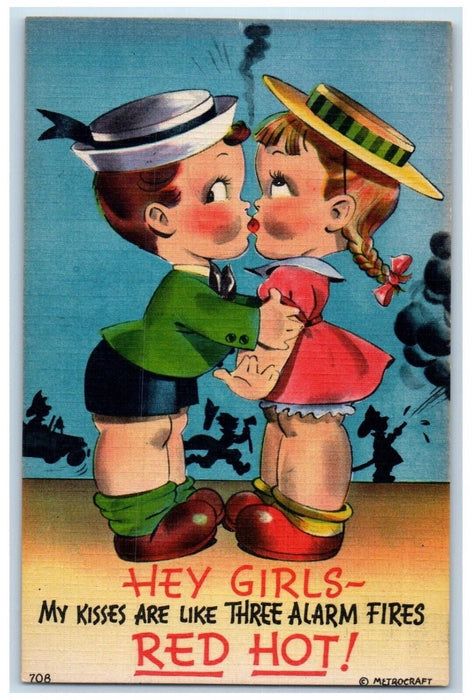 Valentine Girls Kissing Smoke, Greetings From Luxemburg Wisconsin WI Postcard