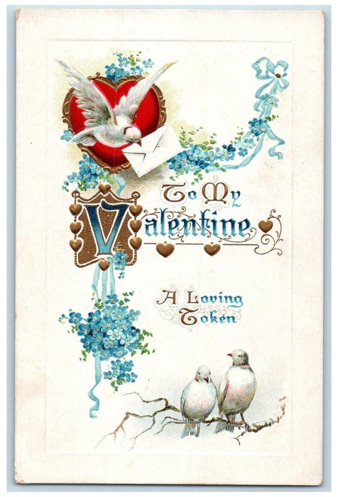 c1910's Valentine Heart Dove Letter Pansies Flowers Embossed Antique Postcard