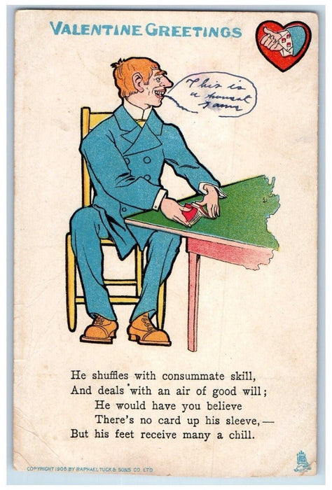 1908 Valentine Greetings Man Playing Cards Gambling Albany IL, Tuck's Postcard