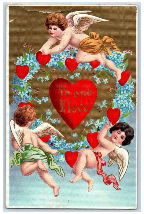 1911 Valentine Hearts Floating Angel Pansies Flowers Kalamazoo MI Postcard