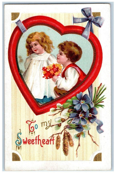 1910 Valentine Big Heart Boy Flowers Present Pansies Flowers Embossed Postcard