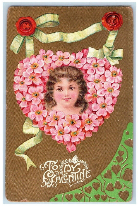 c1910's Valentine Big Heart Girl Head Pansies Flowers Embossed Antique Postcard