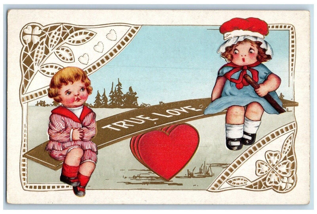c1910's Valentine Boy Girl Crying Heart Seesaw Embossed Posted Antique Postcard