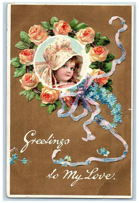 c1910's Valentine Greetings Pretty Girl Roses Pansies Flowers Embossed Postcard