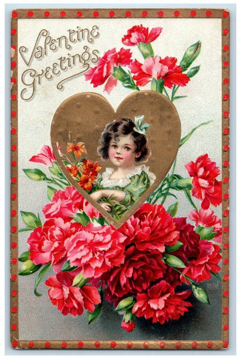 c1910's Valentine Greetings Heart Flowers Embossed Tuck's Antique Postcard