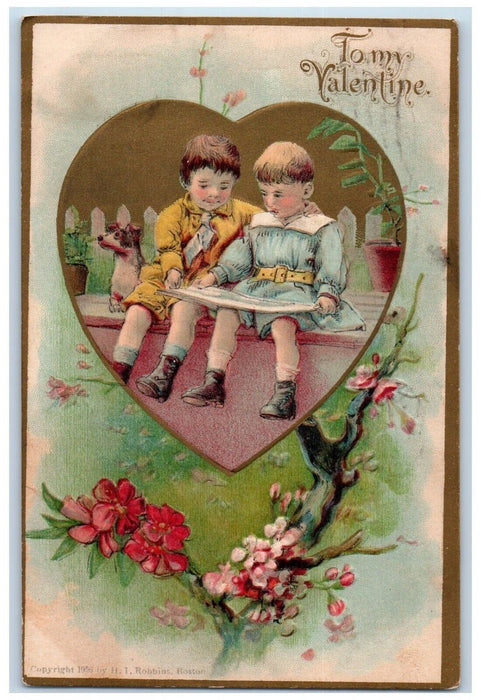 1908 Valentine Big Heart Boys Reading Book Pansies Flowers Embossed Postcard