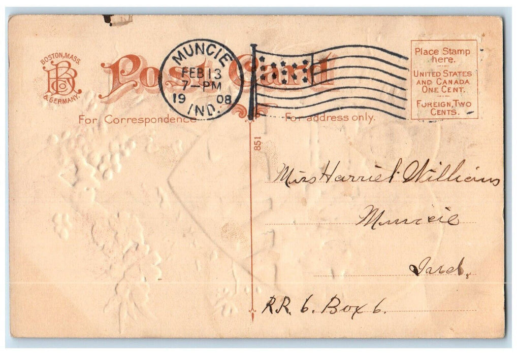 1908 Valentine Big Heart Boys Reading Book Pansies Flowers Embossed Postcard