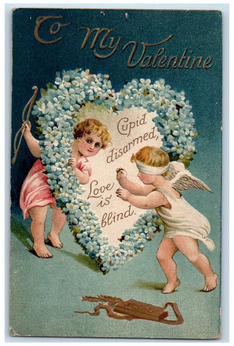 1911 Valentine Big Heart Angels Bow Pansies Flowers Embossed Antique Postcard