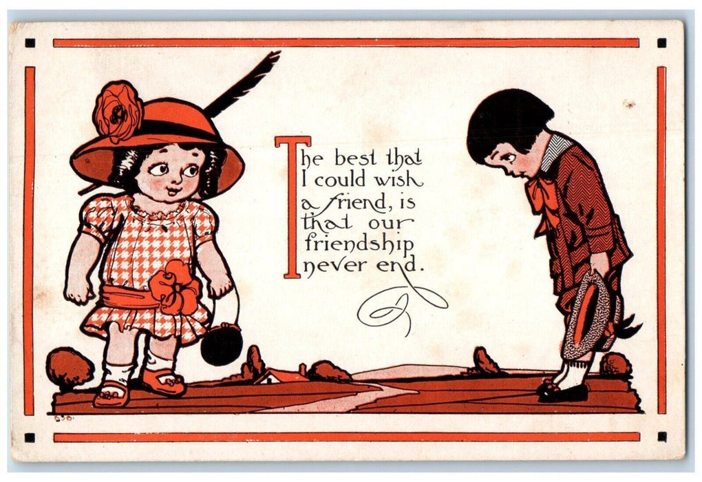 c1910's Valentine Boy Girl Purse Friendship Message Unposted Antique Postcard